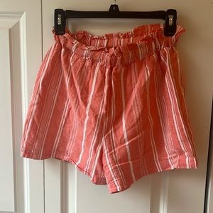 Women’s Linen Shorts Coral and White Striped With Ruffle Detail
